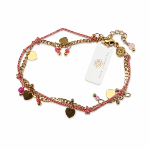 Goud/roze armbandje met kraaltjes en hartjes